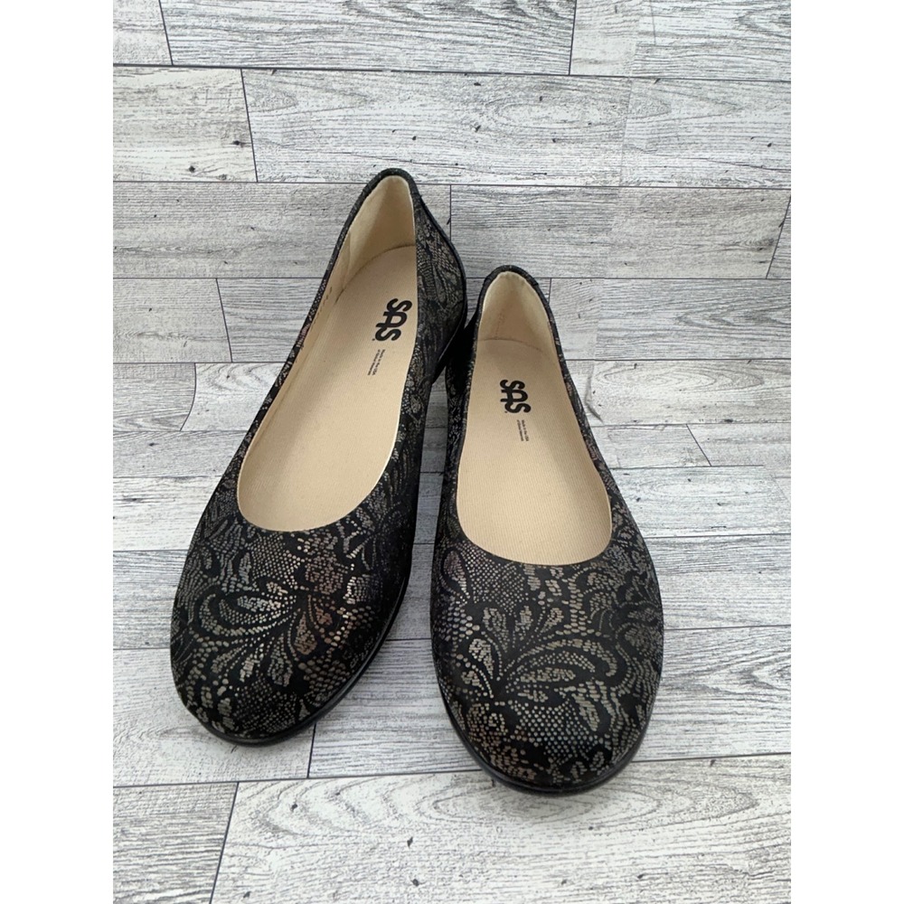 SAS Scenic Women Sz 9 W Black Bronze Lace Leather Ballet Flats Made in USA - Picture 2 of 13